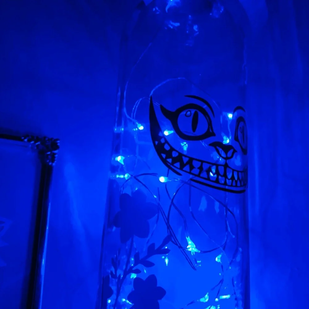 Hand Crafted- Cheshire Cat Smile wine bottle lantern